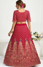 Charming Red Color Vichitra Fabric Couple Matching Ethnic Designer Lehenga and Mens Kurta