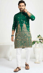 Charming Green Color Vichitra Fabric Couple Matching Ethnic Designer Lehenga and Mens Kurta