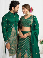 Charming Green Color Vichitra Fabric Couple Matching Ethnic Designer Lehenga and Mens Kurta