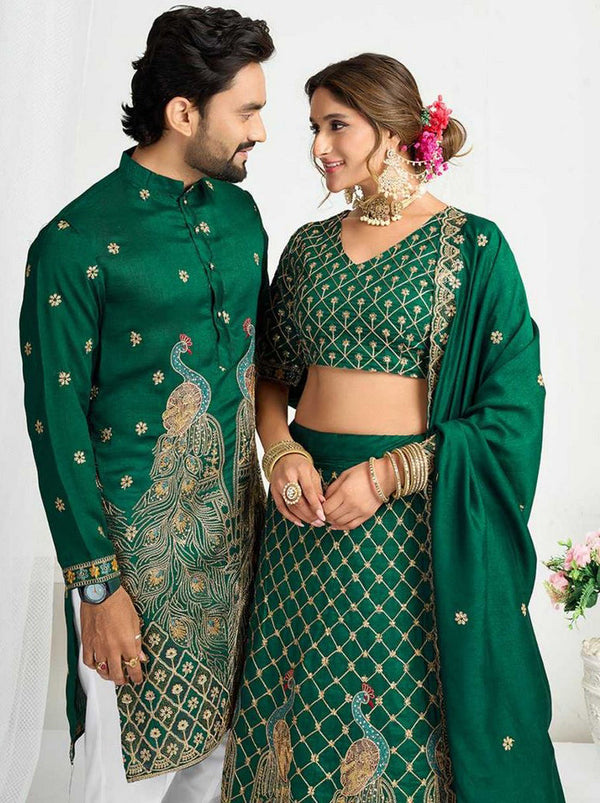 Charming Green Color Vichitra Fabric Couple Matching Ethnic Designer Lehenga and Mens Kurta
