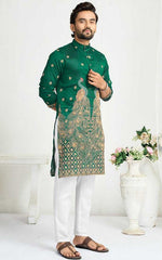 Charming Green Color Vichitra Fabric Couple Matching Ethnic Designer Lehenga and Mens Kurta