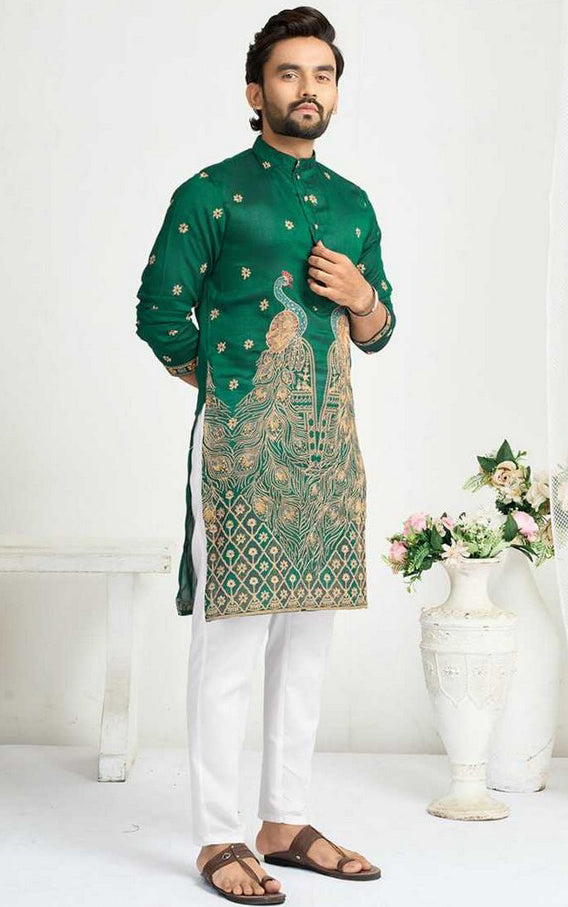 Charming Green Color Vichitra Fabric Couple Matching Ethnic Designer Lehenga and Mens Kurta