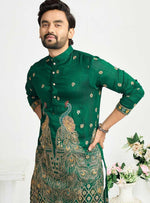 Charming Green Color Vichitra Fabric Couple Matching Ethnic Designer Lehenga and Mens Kurta
