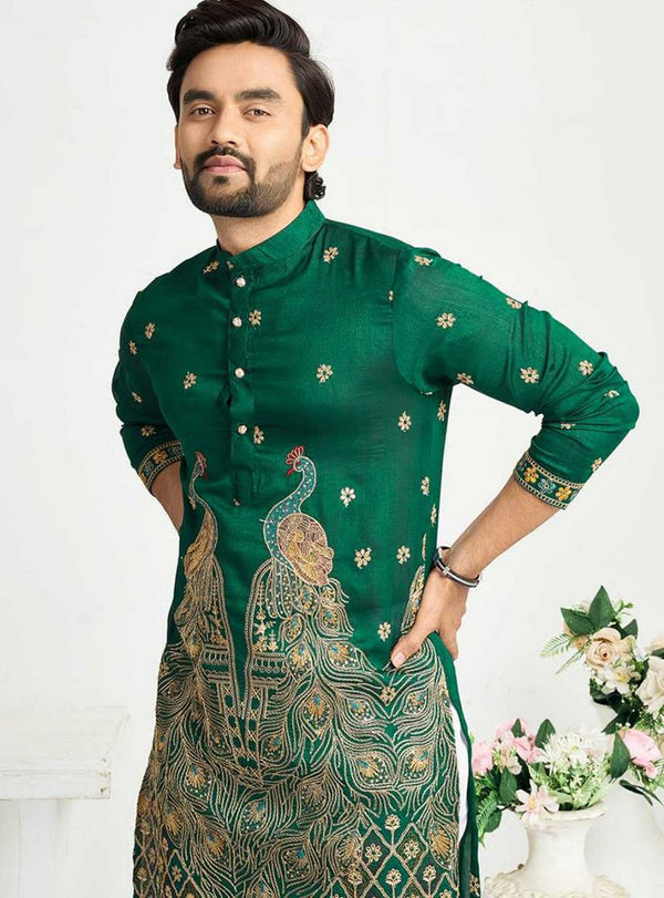 Charming Green Color Vichitra Fabric Couple Matching Ethnic Designer Lehenga and Mens Kurta