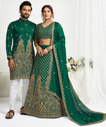 Charming Green Color Vichitra Fabric Couple Matching Ethnic Designer Lehenga and Mens Kurta
