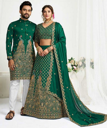Charming Green Color Vichitra Fabric Couple Matching Ethnic Designer Lehenga and Mens Kurta