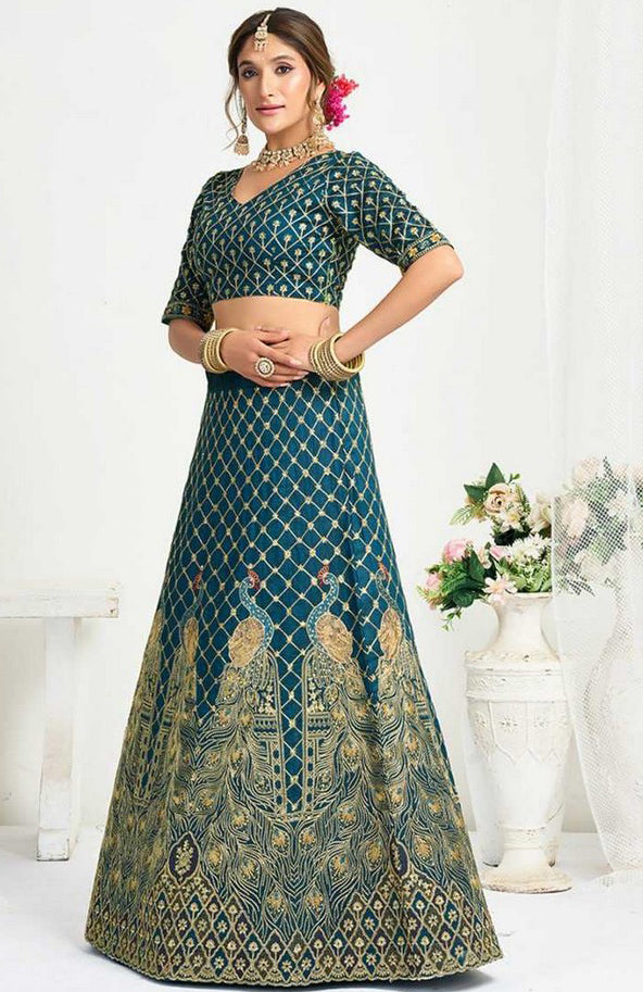 Charming Teal Color Vichitra Fabric Couple Matching Ethnic Designer Lehenga and Mens Kurta