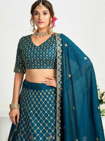 Charming Teal Color Vichitra Fabric Couple Matching Ethnic Designer Lehenga and Mens Kurta