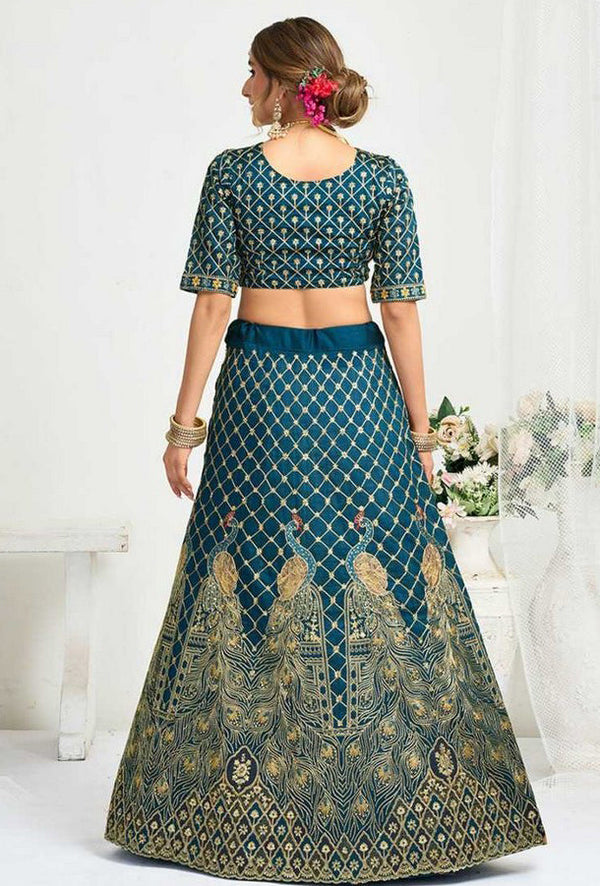 Charming Teal Color Vichitra Fabric Couple Matching Ethnic Designer Lehenga and Mens Kurta