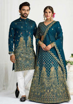 Charming Teal Color Vichitra Fabric Couple Matching Ethnic Designer Lehenga and Mens Kurta
