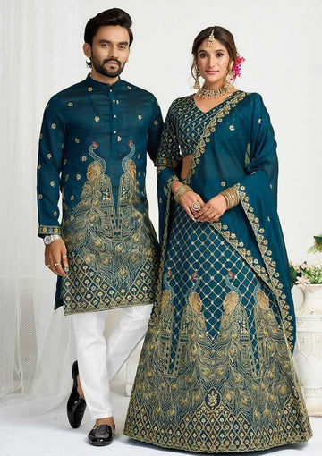 Charming Teal Color Vichitra Fabric Couple Matching Ethnic Designer Lehenga and Mens Kurta