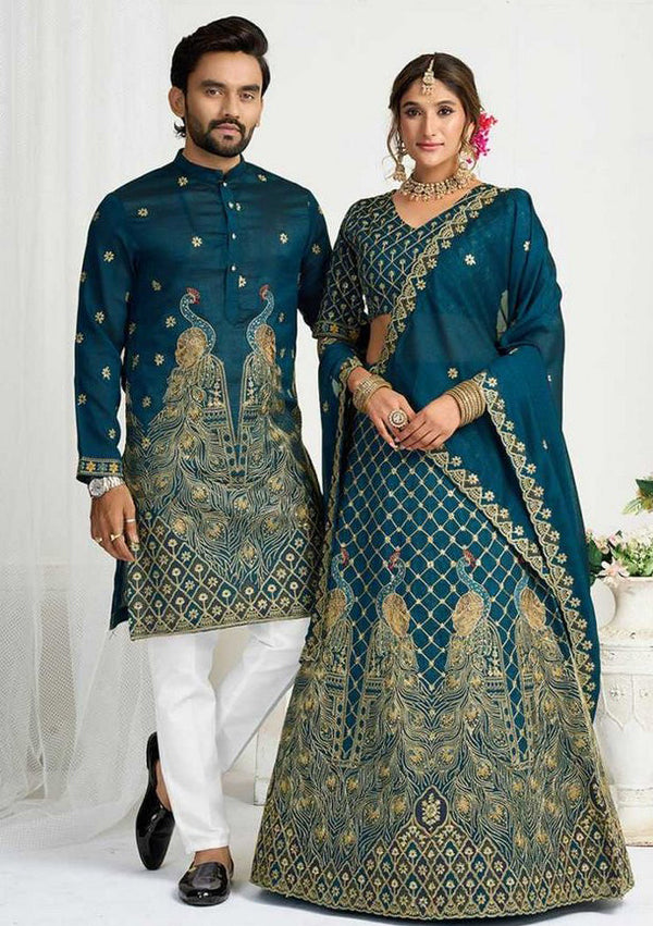 Charming Teal Color Vichitra Fabric Couple Matching Ethnic Designer Lehenga and Mens Kurta