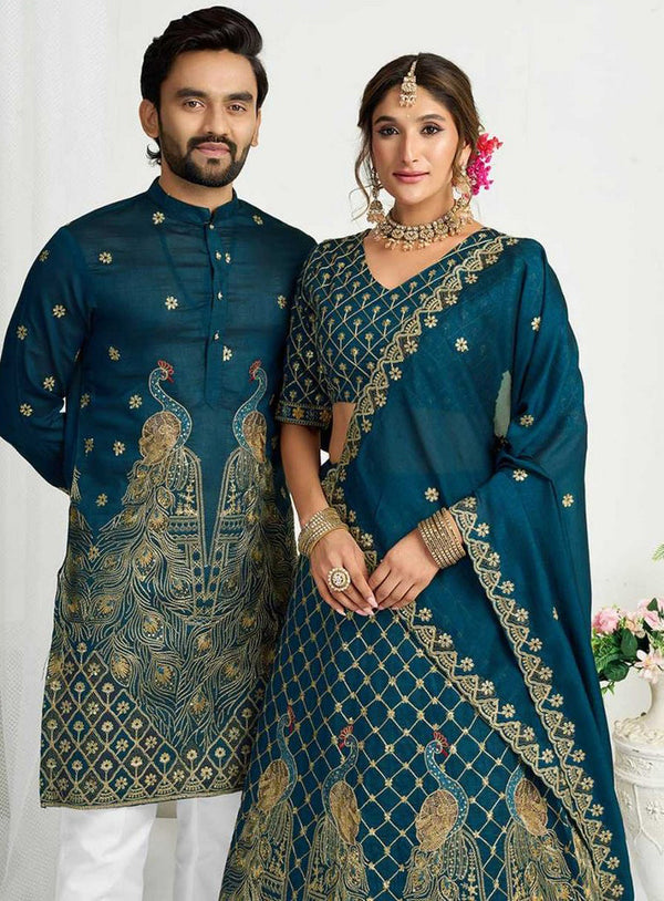 Charming Teal Color Vichitra Fabric Couple Matching Ethnic Designer Lehenga and Mens Kurta