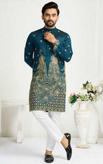 Charming Teal Color Vichitra Fabric Couple Matching Ethnic Designer Lehenga and Mens Kurta