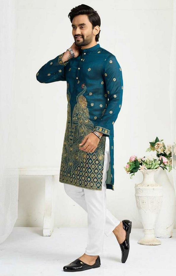 Charming Teal Color Vichitra Fabric Couple Matching Ethnic Designer Lehenga and Mens Kurta