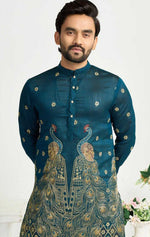 Charming Teal Color Vichitra Fabric Couple Matching Ethnic Designer Lehenga and Mens Kurta