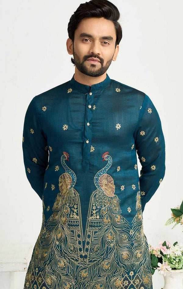 Charming Teal Color Vichitra Fabric Couple Matching Ethnic Designer Lehenga and Mens Kurta