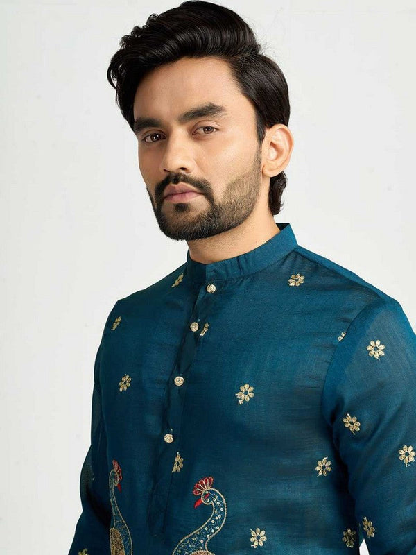 Charming Teal Color Vichitra Fabric Couple Matching Ethnic Designer Lehenga and Mens Kurta