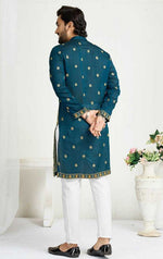Charming Teal Color Vichitra Fabric Couple Matching Ethnic Designer Lehenga and Mens Kurta