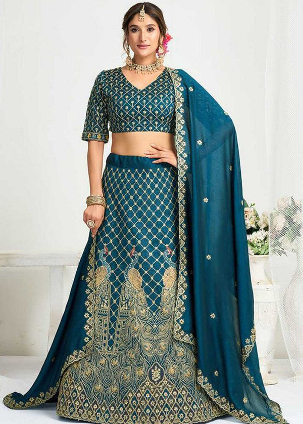 Charming Teal Color Vichitra Fabric Couple Matching Ethnic Designer Lehenga and Mens Kurta