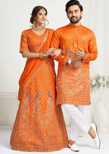 Charming Yellow Color Vichitra Fabric Couple Matching Ethnic Designer Lehenga and Mens Kurta