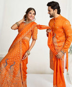 Charming Yellow Color Vichitra Fabric Couple Matching Ethnic Designer Lehenga and Mens Kurta