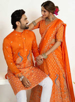 Charming Yellow Color Vichitra Fabric Couple Matching Ethnic Designer Lehenga and Mens Kurta