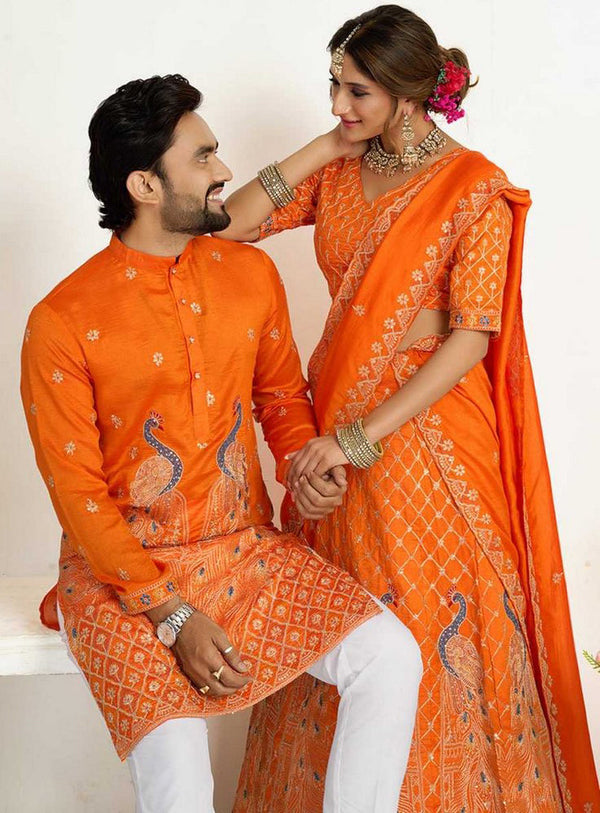 Charming Yellow Color Vichitra Fabric Couple Matching Ethnic Designer Lehenga and Mens Kurta