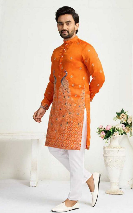 Charming Yellow Color Vichitra Fabric Couple Matching Ethnic Designer Lehenga and Mens Kurta