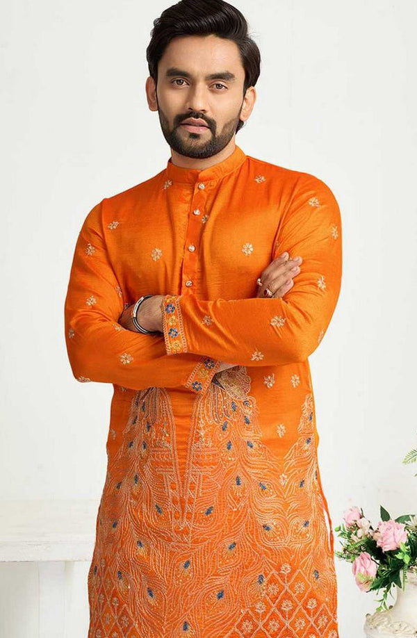 Charming Yellow Color Vichitra Fabric Couple Matching Ethnic Designer Lehenga and Mens Kurta