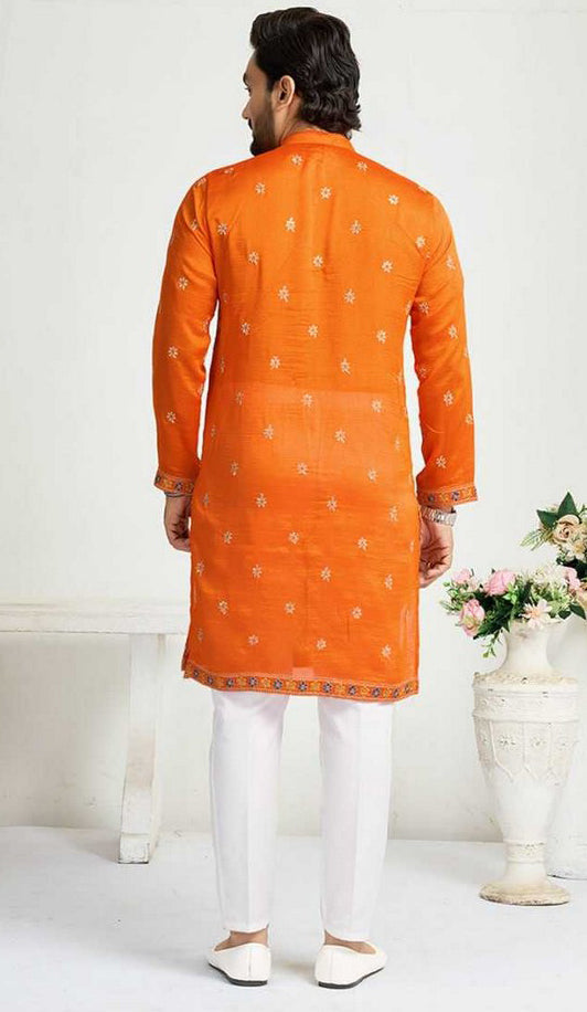 Charming Yellow Color Vichitra Fabric Couple Matching Ethnic Designer Lehenga and Mens Kurta