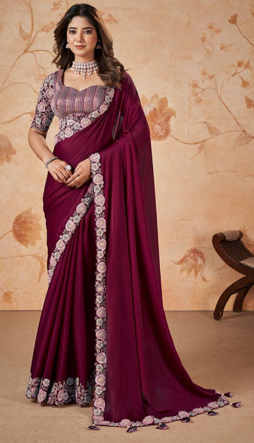 Wonderful Maroon Color Satin Fabric Partywear Saree