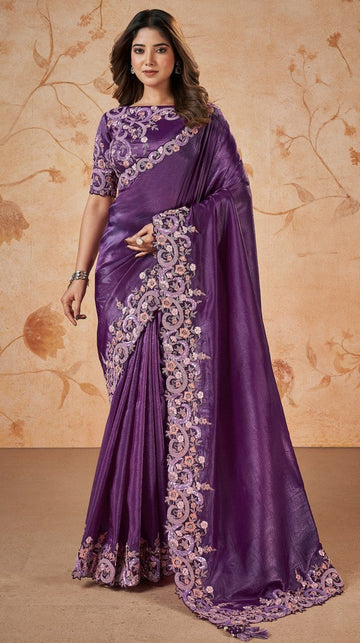 Wonderful Purple Color Crush Fabric Partywear Saree
