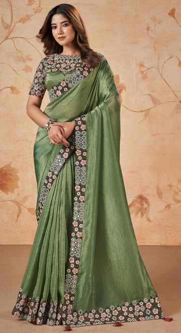 Wonderful Green Color Crush Fabric Partywear Saree