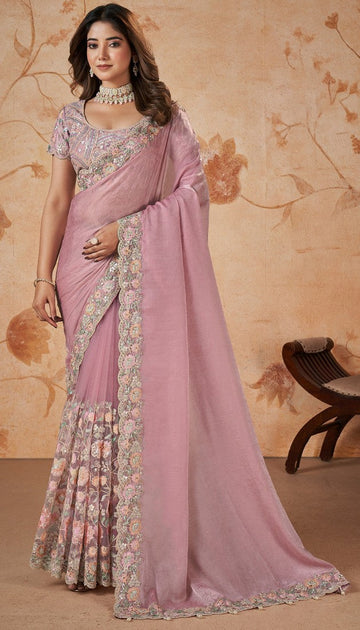 Wonderful Pink Color Net Fabric Partywear Saree