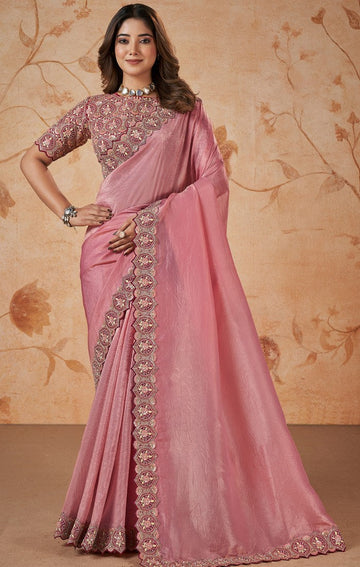 Wonderful Pink Color Crush Fabric Partywear Saree