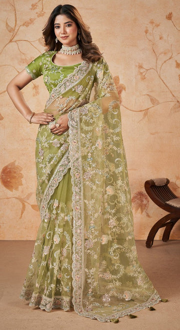 Wonderful Green Color Net Fabric Partywear Saree