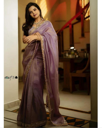 Wonderful Purple Color Tissue Fabric Partywear Saree