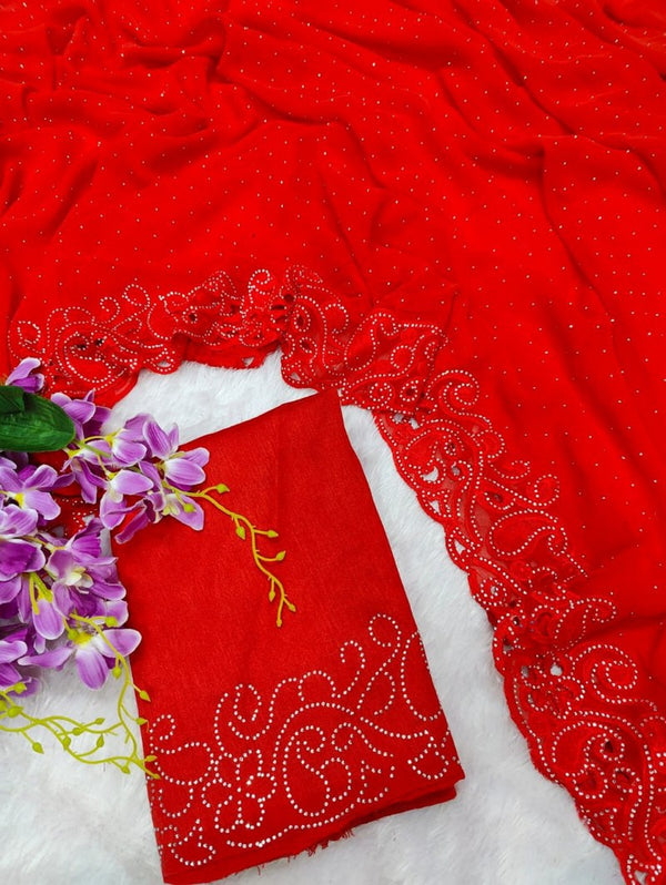 Striking Red Color Georgette Fabric Partywear Saree