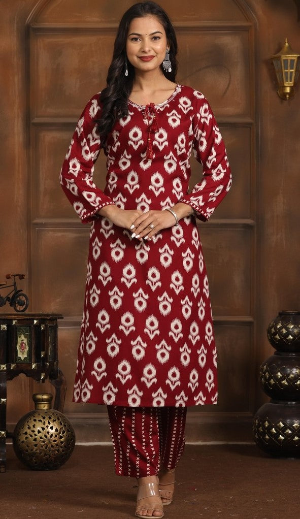 Amazing Maroon Color Rayon Fabric Casual Kurti With Bottom