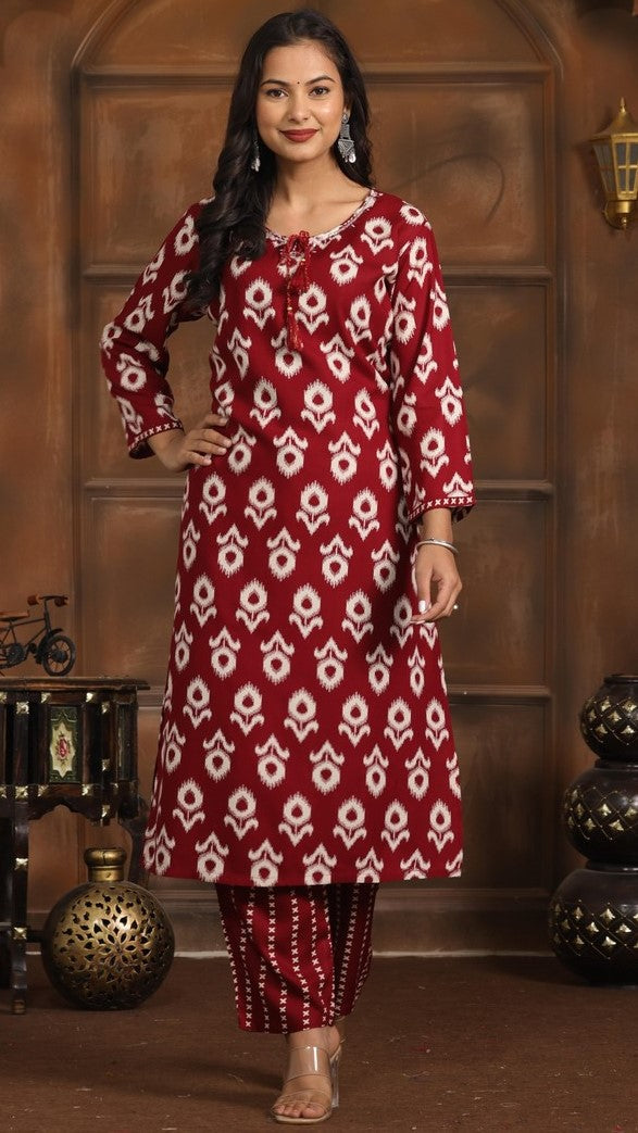Amazing Maroon Color Rayon Fabric Casual Kurti With Bottom
