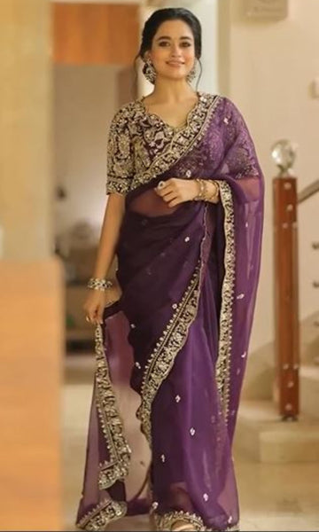 Wonderful Wine Color Organza Fabric Partywear Saree