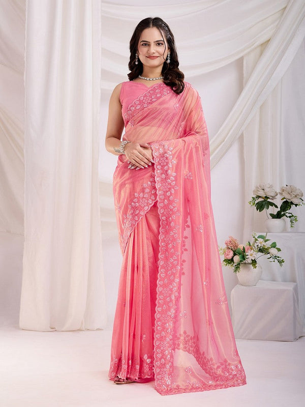 Wonderful Pink Color Net Fabric Designer Saree