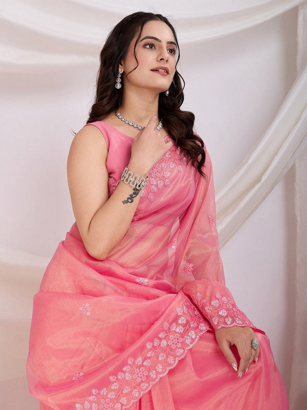 Wonderful Pink Color Net Fabric Designer Saree