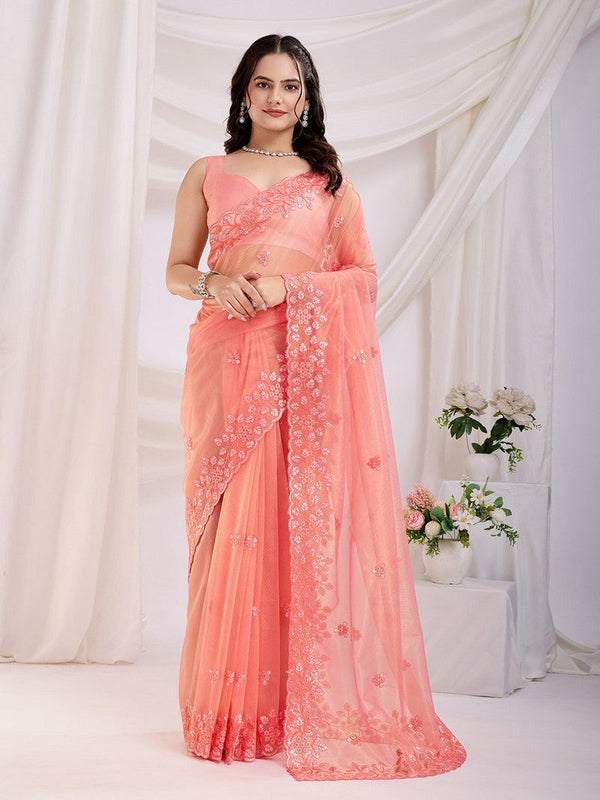 Wonderful Peach Color Net Fabric Designer Saree