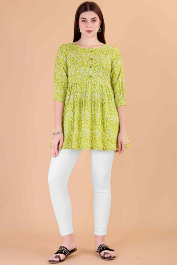 Amazing Green Color Cotton Fabric Casual Short Kurti