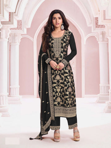 Tasteful Black Color Jacquard Fabric Designer Suit