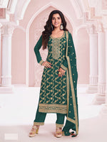 Tasteful Teal Color Jacquard Fabric Designer Suit
