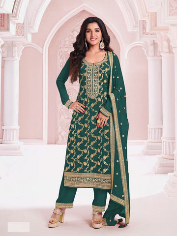 Tasteful Teal Color Jacquard Fabric Designer Suit