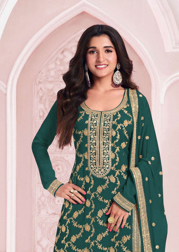 Tasteful Teal Color Jacquard Fabric Designer Suit